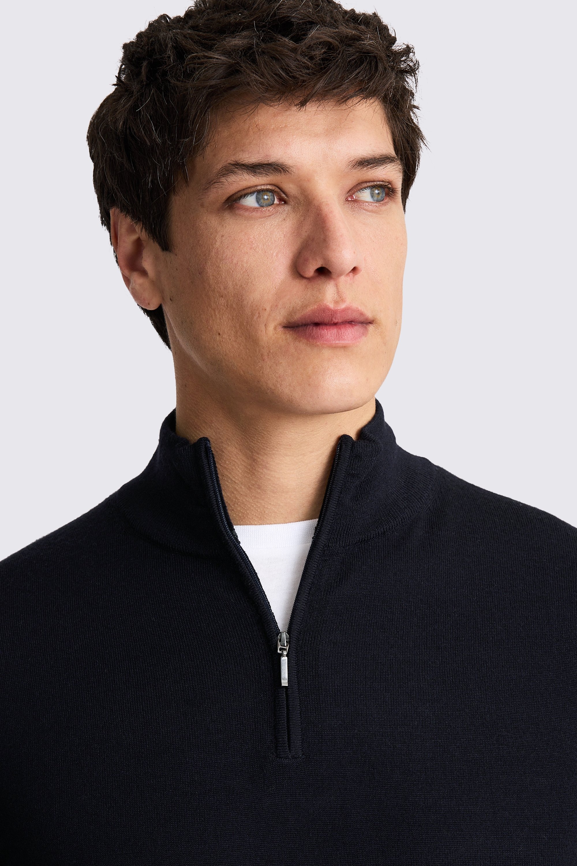 Navy Merino-Blend Zip-Neck Jumper